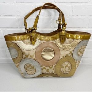 Coach Logo Shoulder Bag Tan Gold Tote